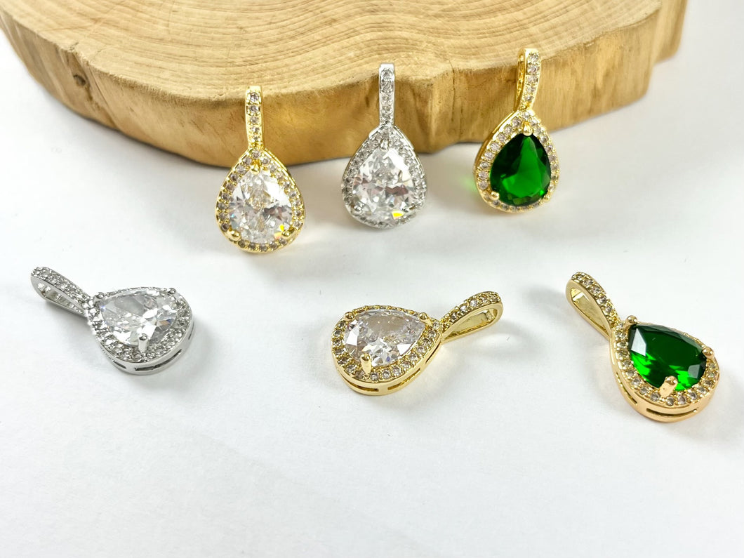 Brilliant Teardrop Pendants in Clear Green CZ Pave 18k Gold or Silver Plated over Copper 6 pcs