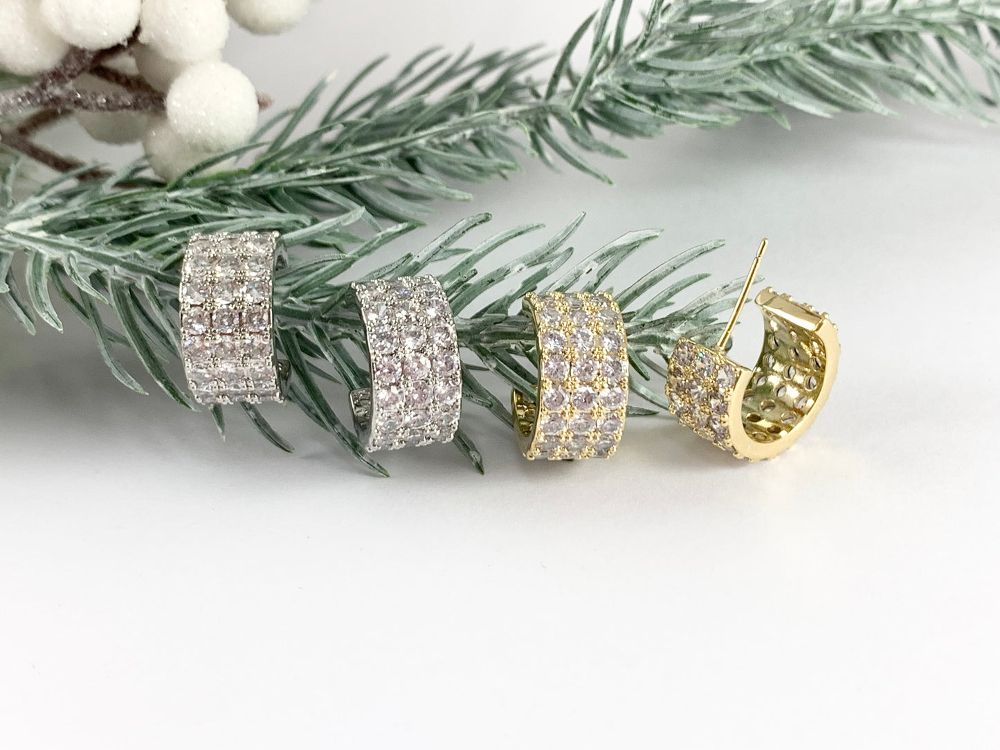Dazzling Rhinestone Thick CZ Pave Huggie Hoop Earrings in 18K gold or Silver Plated Copper 3 pairs