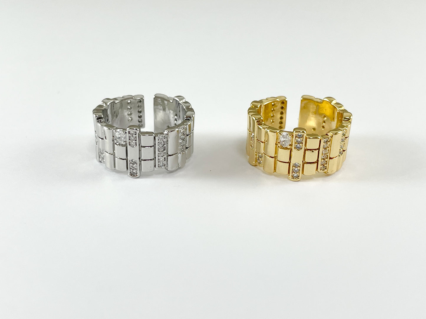 Real Gold/Platinum 18K Plated Copper CZ Pave Thick Band Adjustable Ring 4pcs