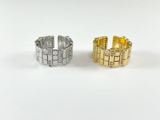 Real Gold/Platinum 18K Plated Copper CZ Pave Thick Band Adjustable Ring 4pcs