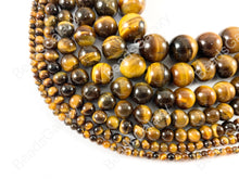 Cargar imagen en el visor de la galería, Ojo de tigre, amarillo, marrón, redondo, liso, cuentas de piedras preciosas naturales, 3-14 mm, alrededor de 14 &quot;-15&quot;
