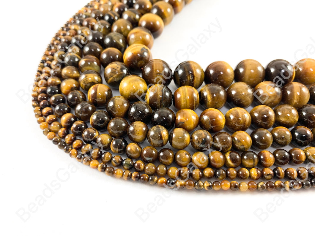 Tiger's Eye Yellow Brown Round Smooth Natural Gemstone Beads 3-14mm Around 14