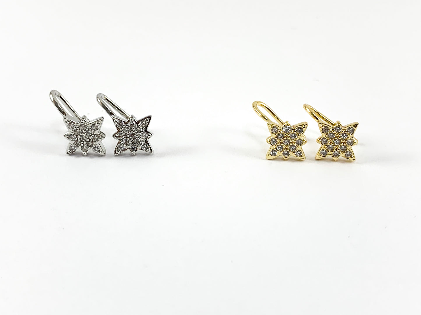 Real 18K Gold / Platinum Plated CZ Pave Tiny Starburst Earrings Over Copper 5 pairs