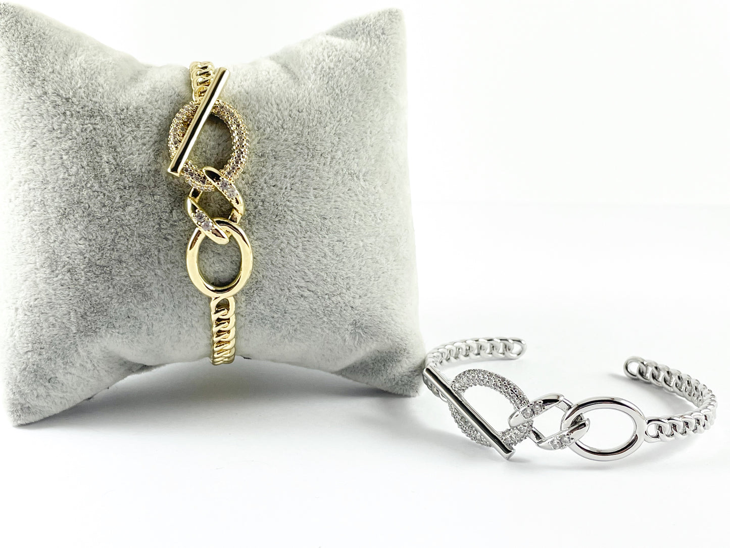 Real Gold/Platinum 18K Plated Copper CZ Pave Link Toggle Rhinestone Trendy Bracelet Cuffs 1 cuff