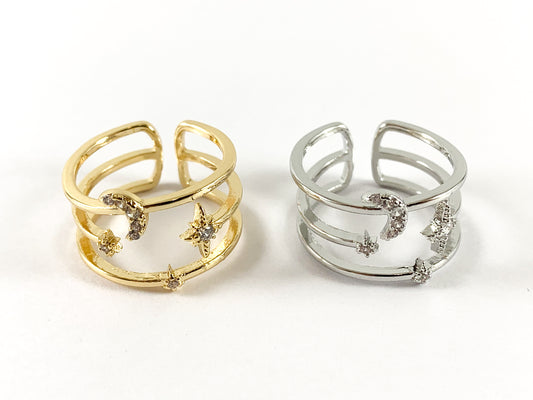 18K Real Gold/Platinum Plated CZ Pave Moon Star Triple Band Ring 5pcs