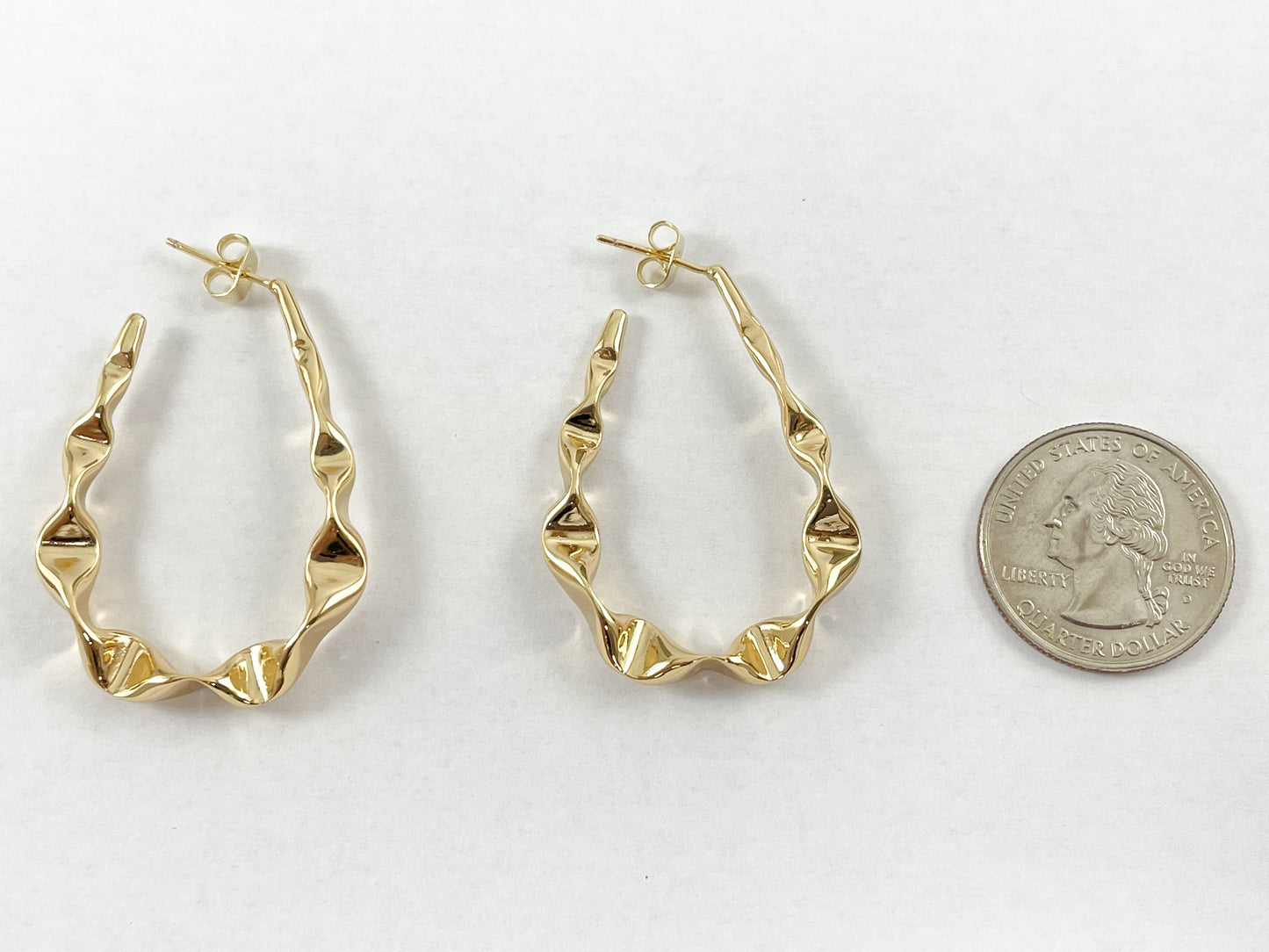 Real 18K Gold Plated Twisted Ribbon Wavy Teardrop Hoop Earring Over Copper 4 pairs