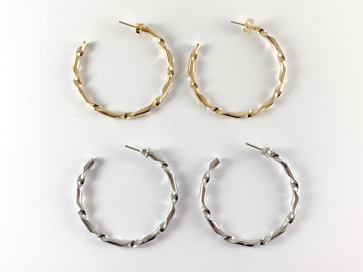 Large Gold Silver Wavy Ribboned Earring Hoops in 18K Gold or Silver Plated Twisted Ribbon Wavy Hoop Earring Over Copper 3 pairs