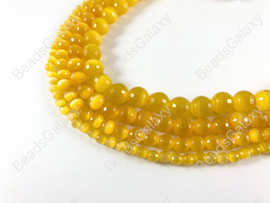 Faceted Round Cat's Eye Dyed Sunshine Yellow Beads Around 15"